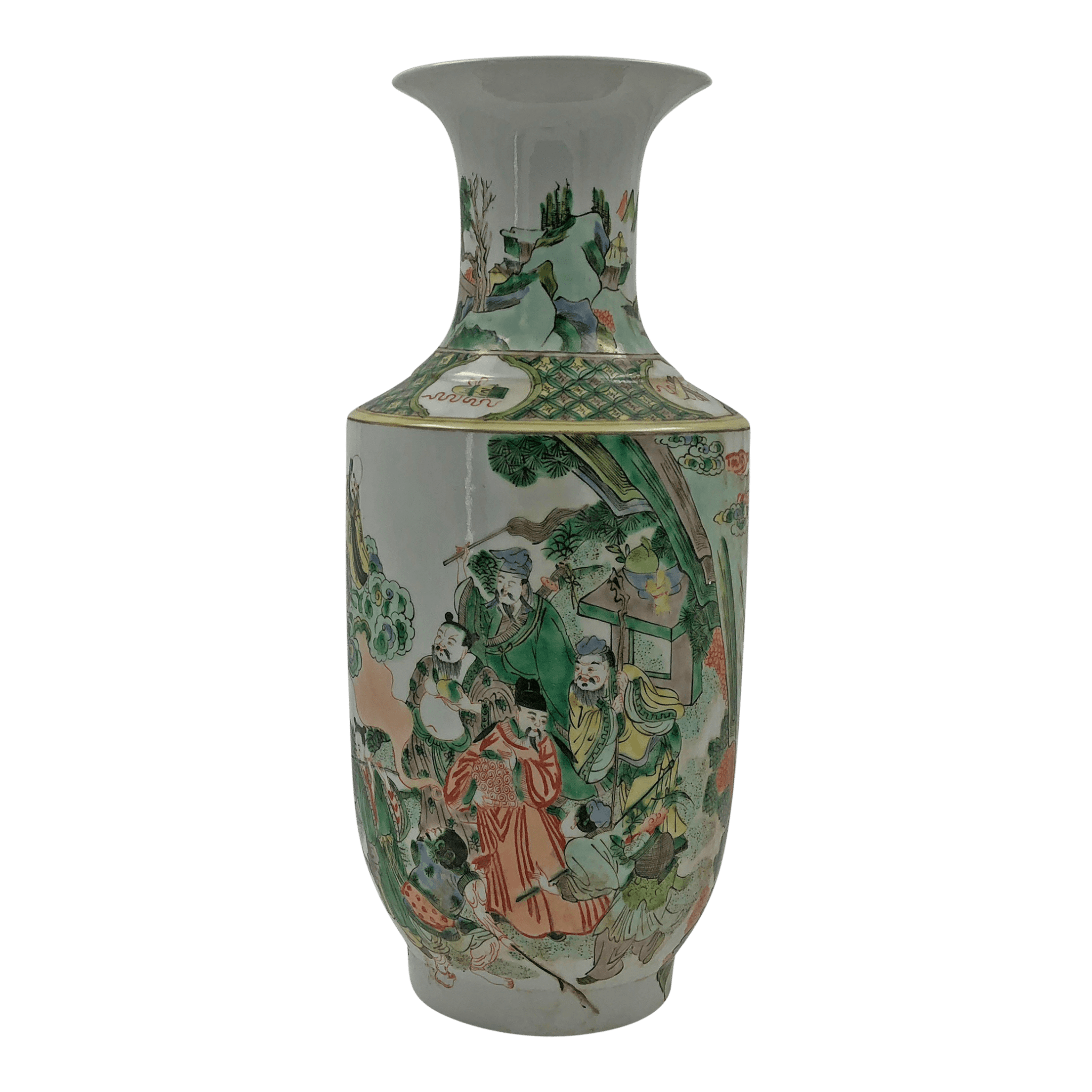 Close-up of detailed Famille Verte vase with figures.
