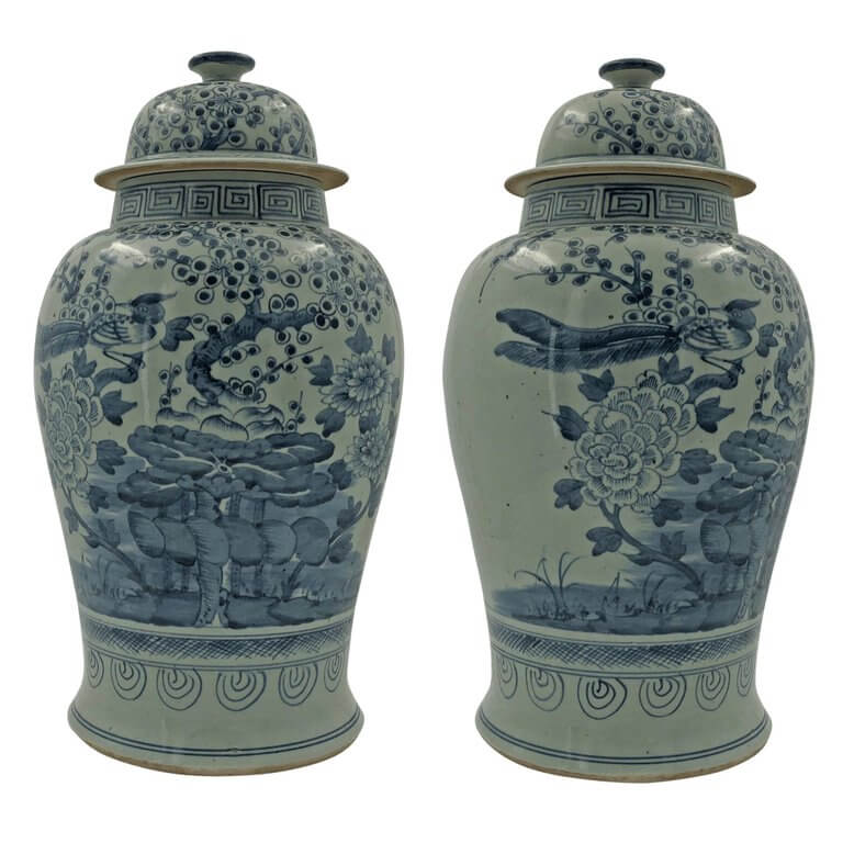 Pair of Chinese blossom temple jars with lids