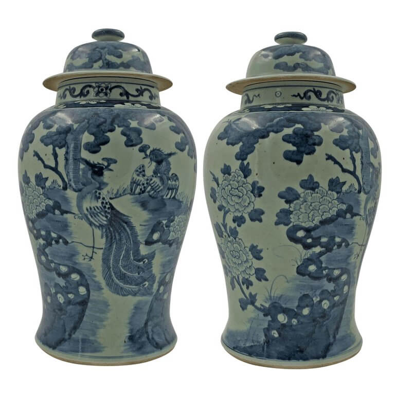 Pair of Chinese temple jars with pheasant design.