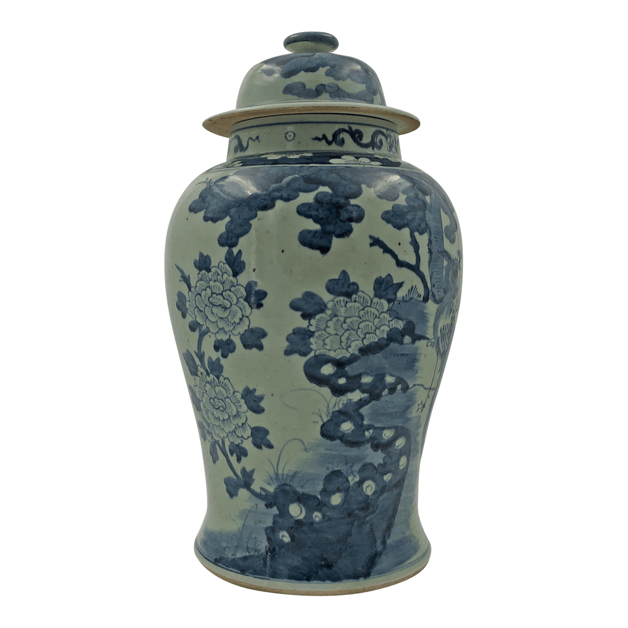Chinese temple jar with floral pattern and tree motifs.