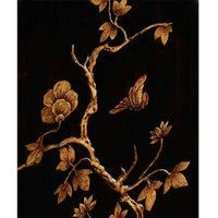 Chinoiserie butterfly and floral detail on walnut bookcase.