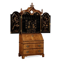 Walnut secretary bookcase open, detailed interior with Chinoiserie.