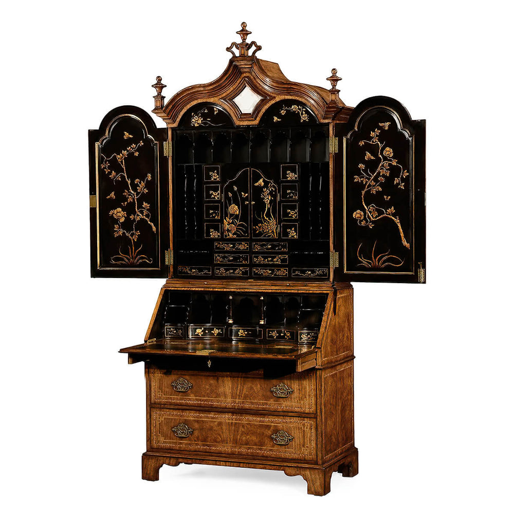 Queen Anne walnut secretary bookcase open with black interior.