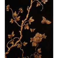 Close-up Chinoiserie floral and butterfly on bookcase.