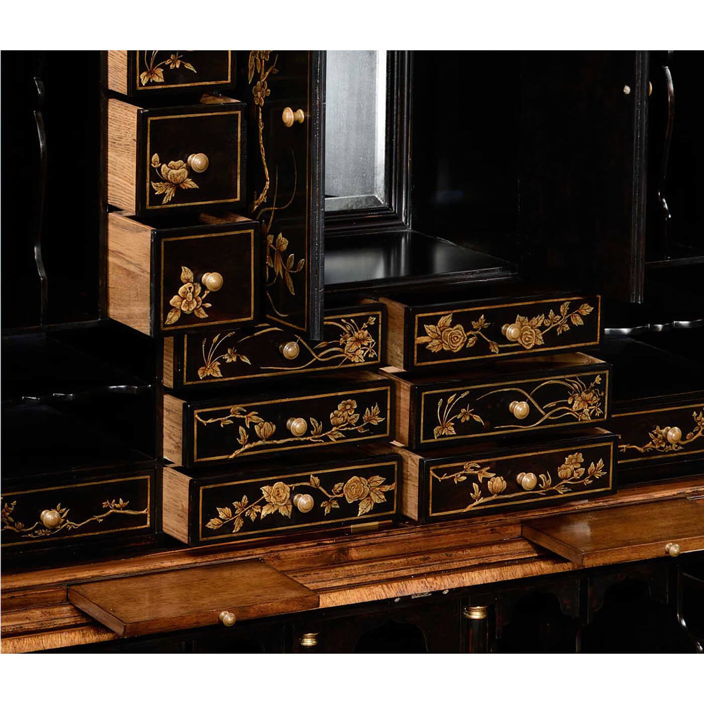 Detailed drawers with Chinoiserie in walnut secretary bookcase.