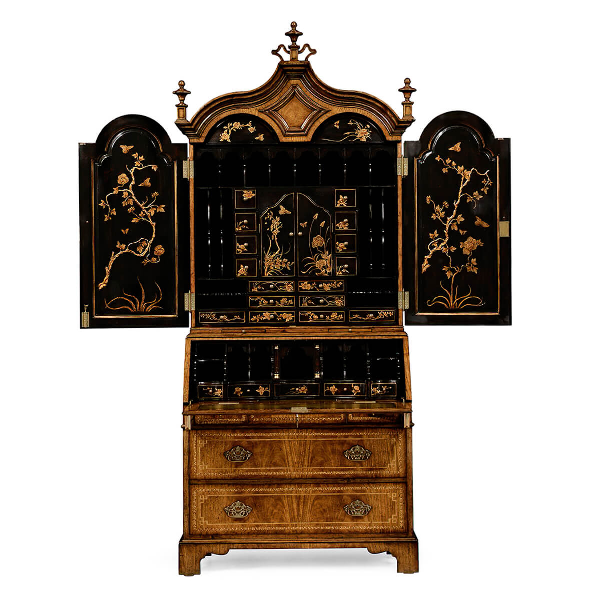 Open secretary desk, reveals chinoiserie decorated interior.