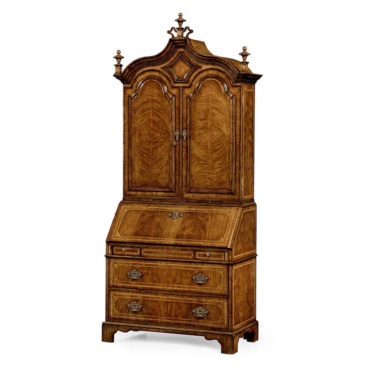 Closed walnut secretary desk, ornate top view.