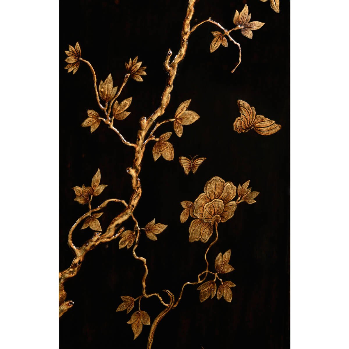 Close-up floral design on secretary desk.
