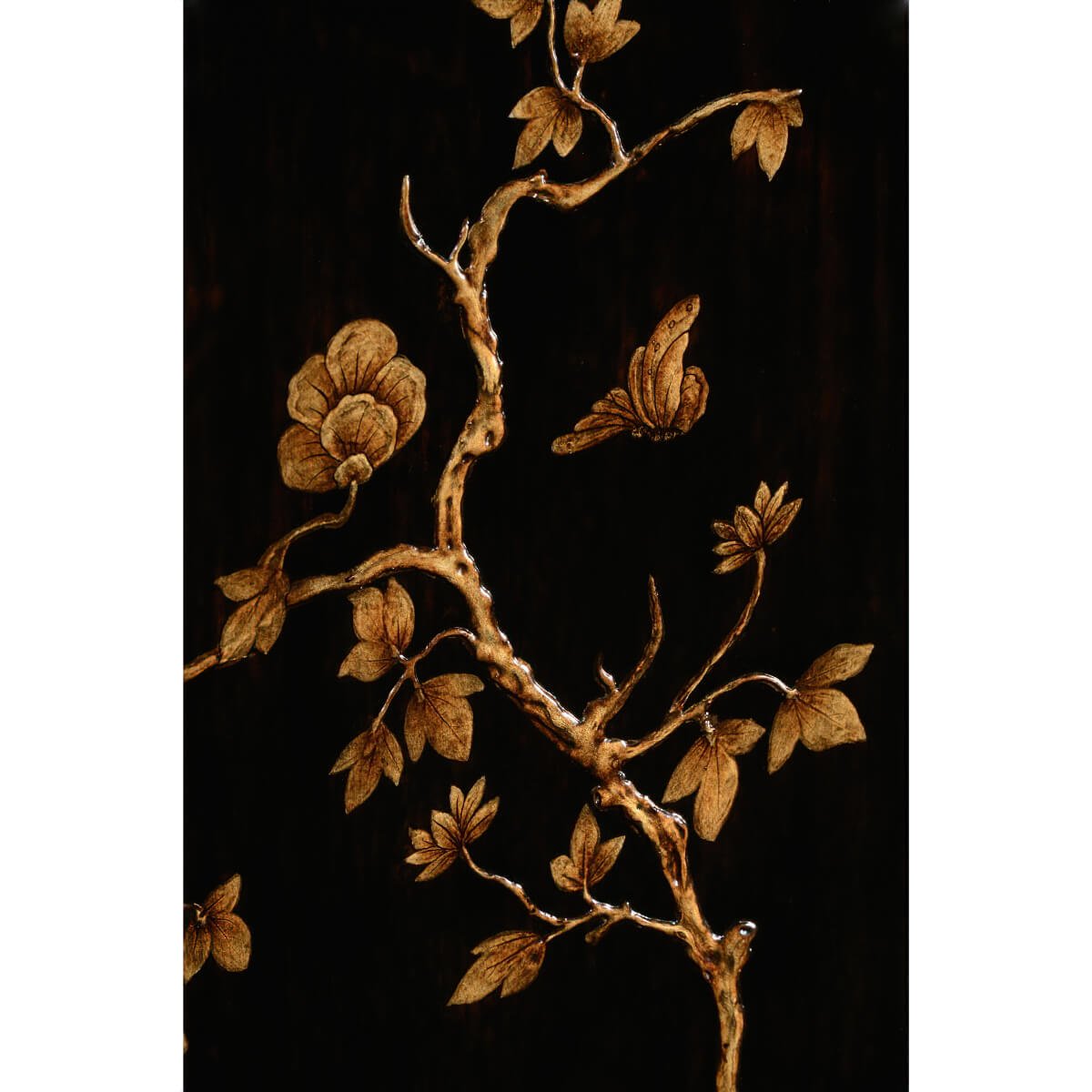 Butterfly and floral detail on secretary desk interior.