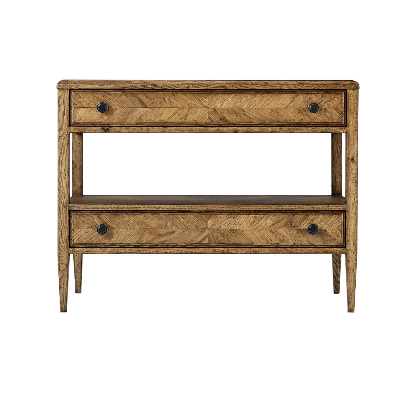 Rustic oak bedside table, straight front perspective.
