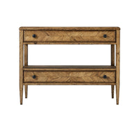 Rustic oak bedside table, straight front perspective.
