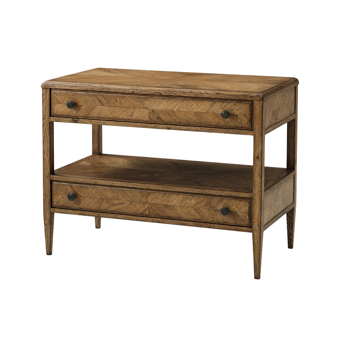 Rustic oak bedside table with drawers, front view.
