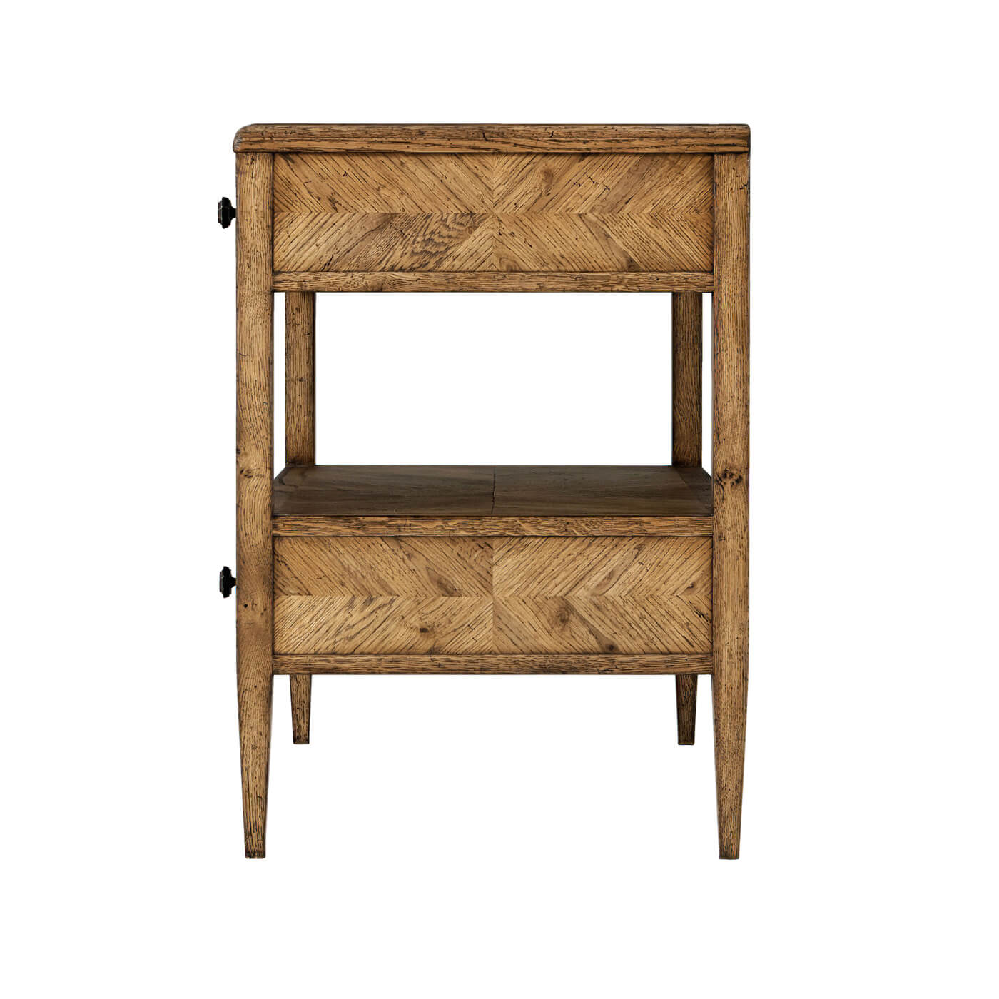 Rustic oak bedside table, side profile view.