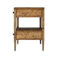 Rustic oak bedside table, side profile view.