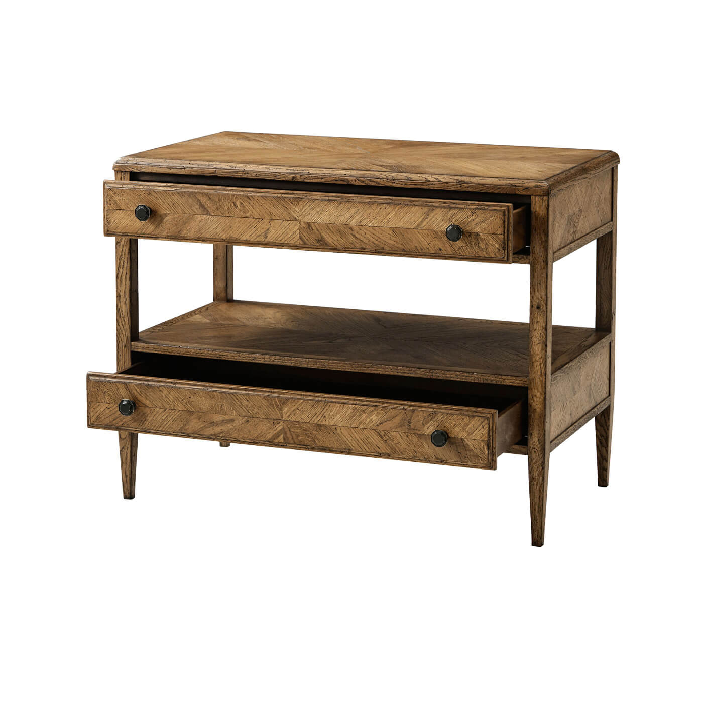 Rustic oak bedside table, open drawers display.