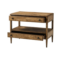 Rustic oak bedside table, open drawers display.