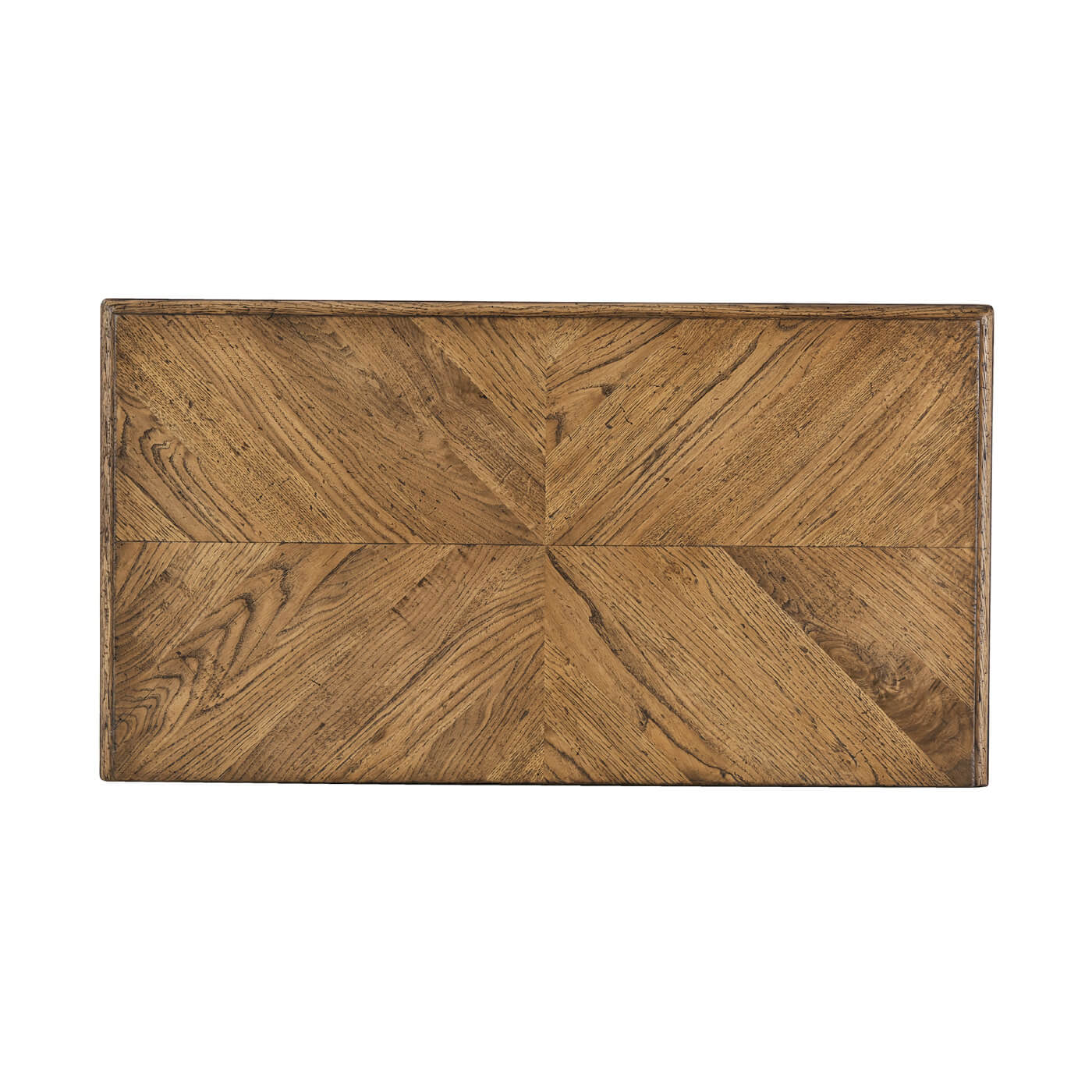 Rustic oak bedside table, top surface detail.