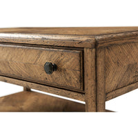 Rustic oak bedside table, close-up of drawer knob.